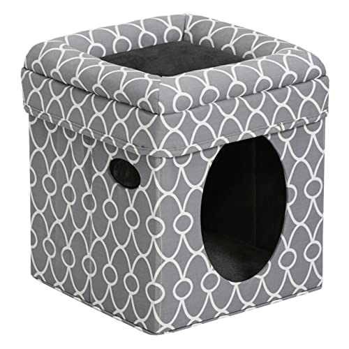 Cat Cube Cozy Cat House / Cat Condo in Fashionable Gray Geo Print 15.5L x 15.5W x 16.5H Inches