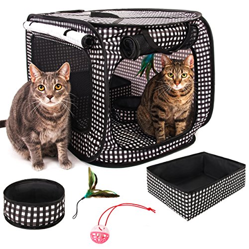 CHEERING PET, Stress Free Cat Condo Cage, Portable Cat Travel Cage, Collapsible Litter Box, Foldable Feeding Bowl,nFeather Teaser and Ball, Carrying Bag, Extra Large 32" X 19" X 19" (Checker Board)
