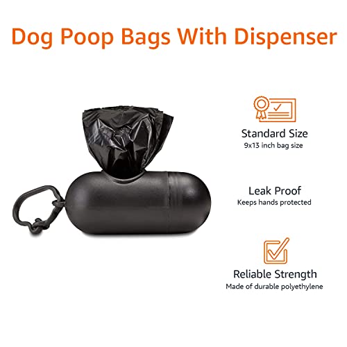 AmazonBasics Unscented Standard Dog Poop Bags with Dispenser and Leash Clip, 13 x 9 Inches, Black - Pack of 600