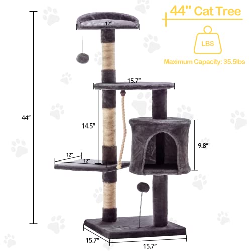 Mellcom 44" Multi-Level Cat Tree Tower Condo with Cat Scratching Post Hideaway House and Platforms,Kitty Activity Center Kitten Play House, Cat Tower Furniture for Kitty (Dark Grey)