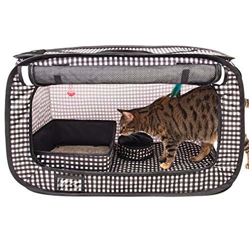 CHEERING PET, Stress Free Cat Condo Cage, Portable Cat Travel Cage, Collapsible Litter Box, Foldable Feeding Bowl,nFeather Teaser and Ball, Carrying Bag, Extra Large 32" X 19" X 19" (Checker Board)