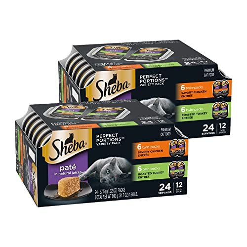 SHEBA PERFECT PORTIONS Soft Wet Cat Food Paté Savory Chicken Entrée and Roasted Turkey Entrée Multipack, Easy Peel Twin-Pack Trays, 48 Count