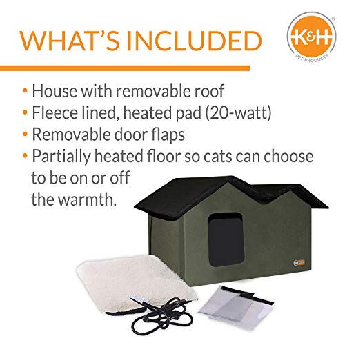 K&H Pet Products Outdoor Heated Kitty House Extra-Wide Olive/Black 26.5" x 15.5" x 21.5" 20W