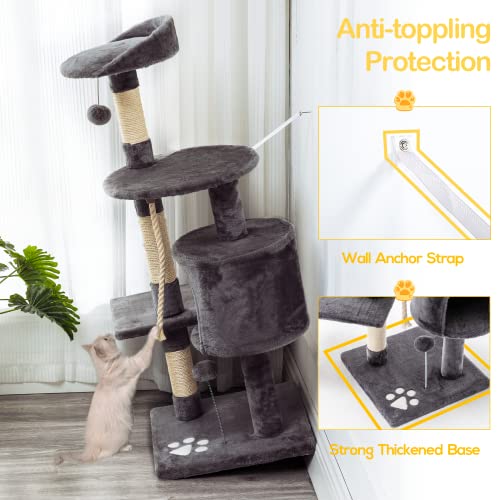 Mellcom 44" Multi-Level Cat Tree Tower Condo with Cat Scratching Post Hideaway House and Platforms,Kitty Activity Center Kitten Play House, Cat Tower Furniture for Kitty (Dark Grey)