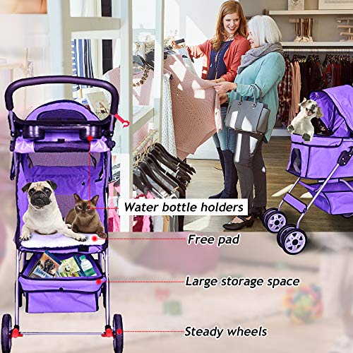 4 Wheels Pet Stroller Cat Dog Cage Stroller Travel Folding Carrier with Cup Holders and Removable Liner for Small-Medium Dog, Cat (Purple)