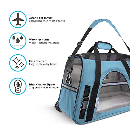 Paws & Pals Airline Approved Pet Carrier - Soft-Sided Carriers for Small Medium Cats and Dogs Air-Plane Travel On-Board Under Seat Carrying Bag with Fleece Bolster Bed for Kitten Cat Puppy Dog Taxi