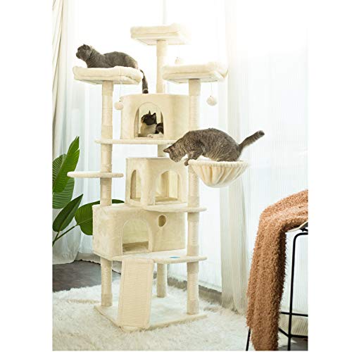 Hey-brother XL Size Cat Tree, Cat Tower with 3 Caves, 3 Cozy Perches, Scratching Posts, Board, Activity Center Stable for Kitten/Gig Cat Beige MPJ0032M