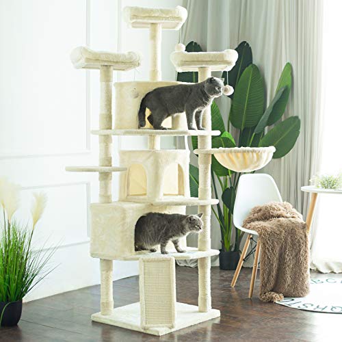 Hey-brother XL Size Cat Tree, Cat Tower with 3 Caves, 3 Cozy Perches, Scratching Posts, Board, Activity Center Stable for Kitten/Gig Cat Beige MPJ0032M