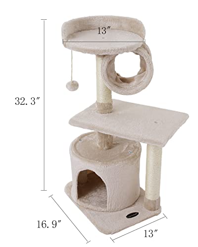 FISH&NAP US01M Cat Tree Cat Tower Cat Condo Sisal Scratching Posts with Jump Platform and Cat Ring Cat Furniture Activity Center Kitten Play House Beige