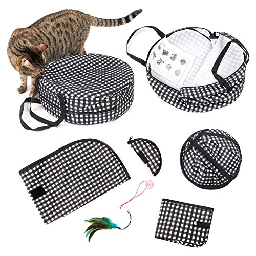 CHEERING PET, Stress Free Cat Condo Cage, Portable Cat Travel Cage, Collapsible Litter Box, Foldable Feeding Bowl,nFeather Teaser and Ball, Carrying Bag, Extra Large 32" X 19" X 19" (Checker Board)