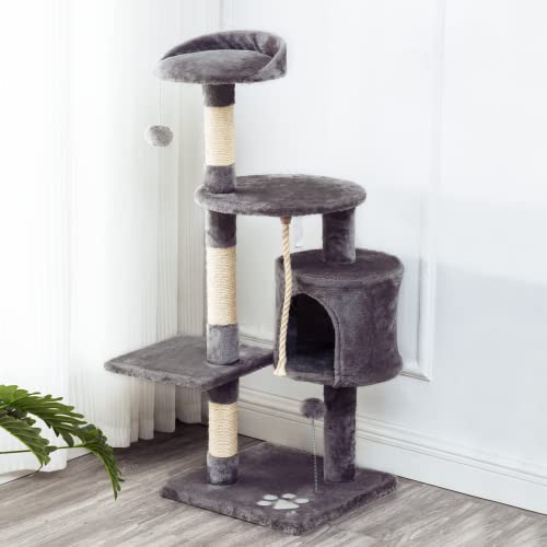 Mellcom 44" Multi-Level Cat Tree Tower Condo with Cat Scratching Post Hideaway House and Platforms,Kitty Activity Center Kitten Play House, Cat Tower Furniture for Kitty (Dark Grey)