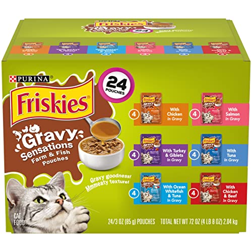 Purina Friskies Gravy Wet Cat Food Variety Pack, Gravy Sensations Farm & Fish Pouches - (24) 3 oz. Pouches