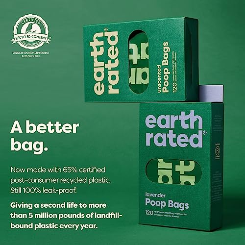 Earth Rated Poop Bags, Dog Waste Bags with Easy Tie Handles, Unscented, Completely Leak-Proof, Fits Standard Sized Cat Litter Scoops, 7 x 13.5 Inches, Easy Dispensing, 120 Bags