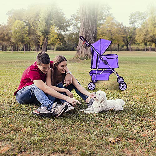 4 Wheels Pet Stroller Cat Dog Cage Stroller Travel Folding Carrier with Cup Holders and Removable Liner for Small-Medium Dog, Cat (Purple)