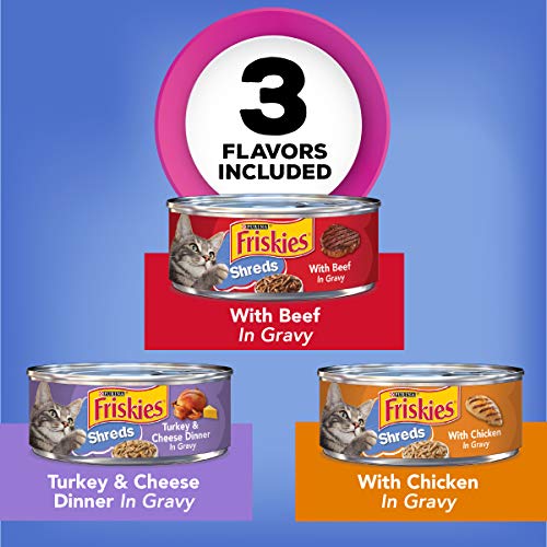 Purina Friskies Gravy Wet Cat Food Variety Pack, Shreds Beef, Chicken and Turkey & Cheese Dinner - (24) 5.5 oz. Cans