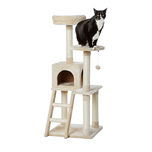AmazonBasics Extra Large Cat Tree with Cave And Step Ladder - 19 x 50 x 19 Inches, Beige