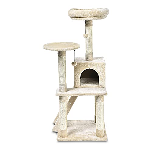 AmazonBasics Extra Large Cat Tree with Cave And Step Ladder - 19 x 50 x 19 Inches, Beige
