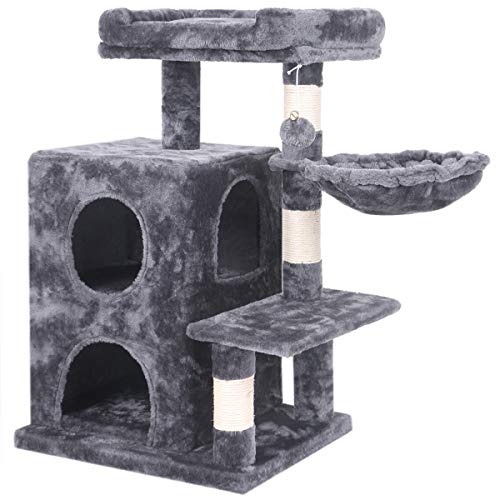 BEWISHOME Cat Tree Condo with Sisal Scratching Posts, Plush Perch, Dual Houses and Basket, Cat Tower Furniture Kitty Activity Center Kitten Play House, Smoky Grey MMJ06H