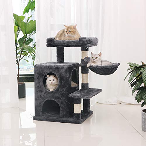 BEWISHOME Cat Tree Condo with Sisal Scratching Posts, Plush Perch, Dual Houses and Basket, Cat Tower Furniture Kitty Activity Center Kitten Play House, Smoky Grey MMJ06H