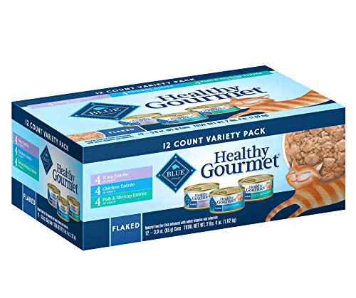 Blue Buffalo Healthy Gourmet Natural Adult Flaked Wet Cat Food Variety Pack, Tuna, Chicken, Fish & Shrimp 3-oz cans (12 count- 4 of each flavor)