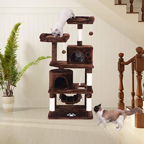 BEWISHOME Cat Tree with Sisal Scratching Posts, 2 Condos, Plush Perches, Jingly Balls and Hammock, Cat Condo Tower Furniture Kitty Kitten Activity Center Pet Play House Brown MMJ01Z