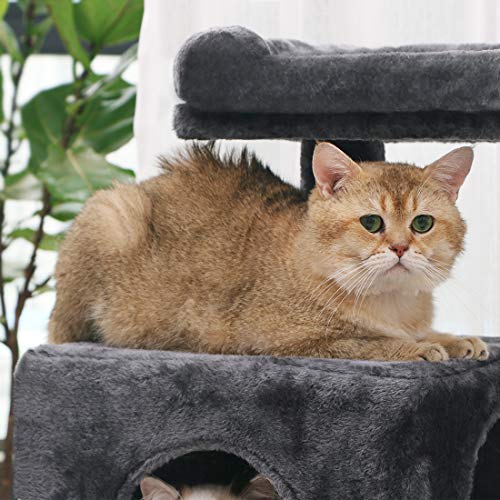 BEWISHOME Cat Tree Condo with Sisal Scratching Posts, Plush Perch, Dual Houses and Basket, Cat Tower Furniture Kitty Activity Center Kitten Play House, Smoky Grey MMJ06H