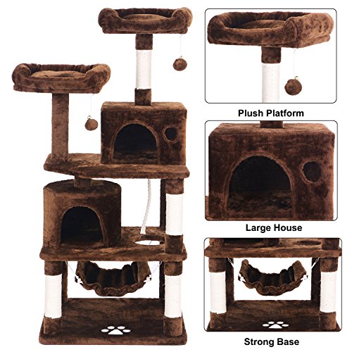 BEWISHOME Cat Tree with Sisal Scratching Posts, 2 Condos, Plush Perches, Jingly Balls and Hammock, Cat Condo Tower Furniture Kitty Kitten Activity Center Pet Play House Brown MMJ01Z