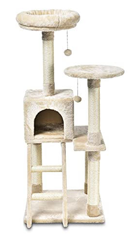 AmazonBasics Extra Large Cat Tree with Cave And Step Ladder - 19 x 50 x 19 Inches, Beige