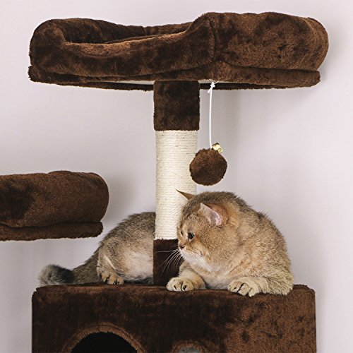 BEWISHOME Cat Tree with Sisal Scratching Posts, 2 Condos, Plush Perches, Jingly Balls and Hammock, Cat Condo Tower Furniture Kitty Kitten Activity Center Pet Play House Brown MMJ01Z