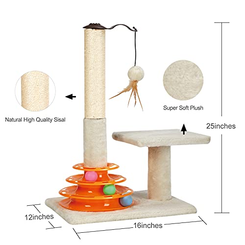 PEEKAB Tall Cat Scratching Post Kitten Sisal Scratcher Tree with Cat Tracks Toy Balls - 25 inches (Beige)