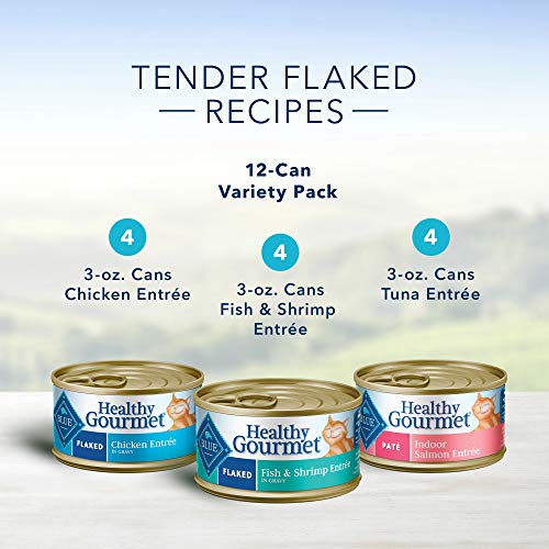 Blue Buffalo Healthy Gourmet Natural Adult Flaked Wet Cat Food Variety Pack, Tuna, Chicken, Fish & Shrimp 3-oz cans (12 count- 4 of each flavor)