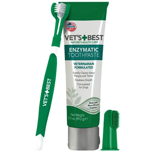Vets Best Dog Toothbrush and Enzymatic Toothpaste Set | Teeth Cleaning and Fresh Breath Kit with Dental Care Guide| Vet Formulated