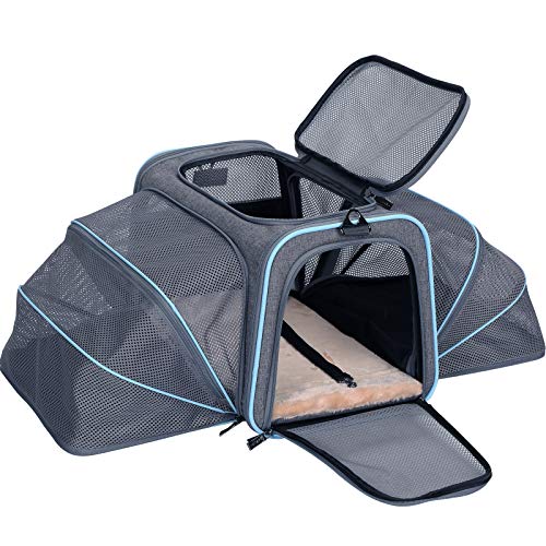 Petsfit Cat Carrier Expandable Dog Carrier for Medium Dogs, Expandable Pet Carrier Most Airline Approved, Two Side Expasion, Easy Carry on Luggage with Fleece Mat (Grey and Blue Trim) 18"x11"x11"