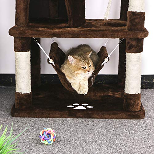 BEWISHOME Cat Tree with Sisal Scratching Posts, 2 Condos, Plush Perches, Jingly Balls and Hammock, Cat Condo Tower Furniture Kitty Kitten Activity Center Pet Play House Brown MMJ01Z