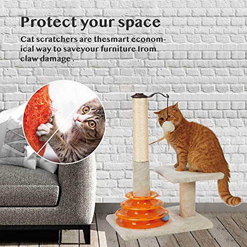 PEEKAB Tall Cat Scratching Post Kitten Sisal Scratcher Tree with Cat Tracks Toy Balls - 25 inches (Beige)