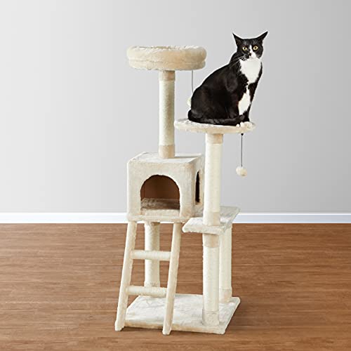 AmazonBasics Extra Large Cat Tree with Cave And Step Ladder - 19 x 50 x 19 Inches, Beige