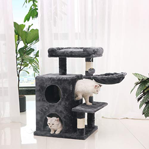 BEWISHOME Cat Tree Condo with Sisal Scratching Posts, Plush Perch, Dual Houses and Basket, Cat Tower Furniture Kitty Activity Center Kitten Play House, Smoky Grey MMJ06H