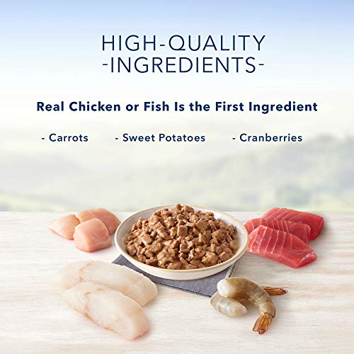 Blue Buffalo Healthy Gourmet Natural Adult Flaked Wet Cat Food Variety Pack, Tuna, Chicken, Fish & Shrimp 3-oz cans (12 count- 4 of each flavor)