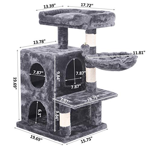 BEWISHOME Cat Tree Condo with Sisal Scratching Posts, Plush Perch, Dual Houses and Basket, Cat Tower Furniture Kitty Activity Center Kitten Play House, Smoky Grey MMJ06H