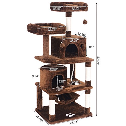 BEWISHOME Cat Tree with Sisal Scratching Posts, 2 Condos, Plush Perches, Jingly Balls and Hammock, Cat Condo Tower Furniture Kitty Kitten Activity Center Pet Play House Brown MMJ01Z