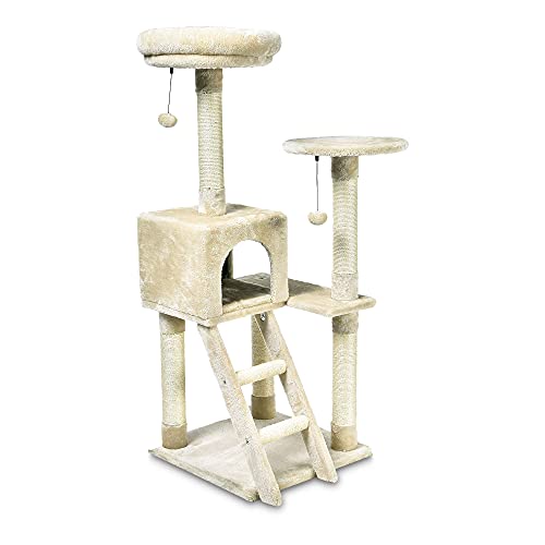 AmazonBasics Extra Large Cat Tree with Cave And Step Ladder - 19 x 50 x 19 Inches, Beige