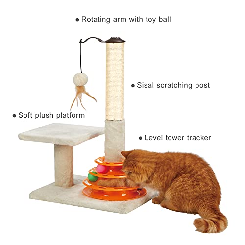 PEEKAB Tall Cat Scratching Post Kitten Sisal Scratcher Tree with Cat Tracks Toy Balls - 25 inches (Beige)