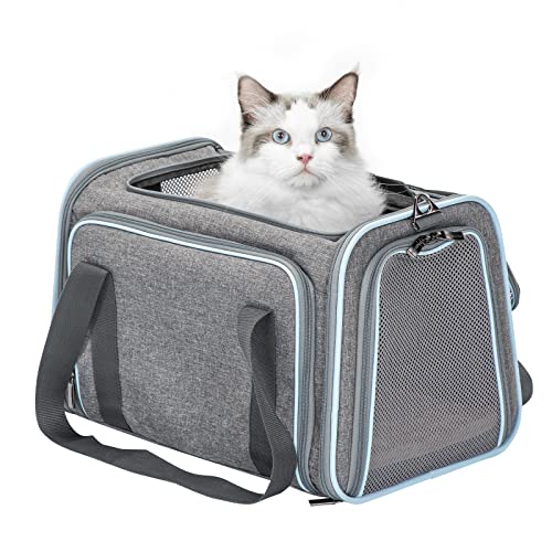 Petsfit Cat Carrier Expandable Dog Carrier for Medium Dogs, Expandable Pet Carrier Most Airline Approved, Two Side Expasion, Easy Carry on Luggage with Fleece Mat (Grey and Blue Trim) 18"x11"x11"