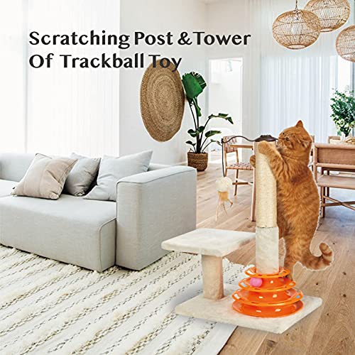 PEEKAB Tall Cat Scratching Post Kitten Sisal Scratcher Tree with Cat Tracks Toy Balls - 25 inches (Beige)