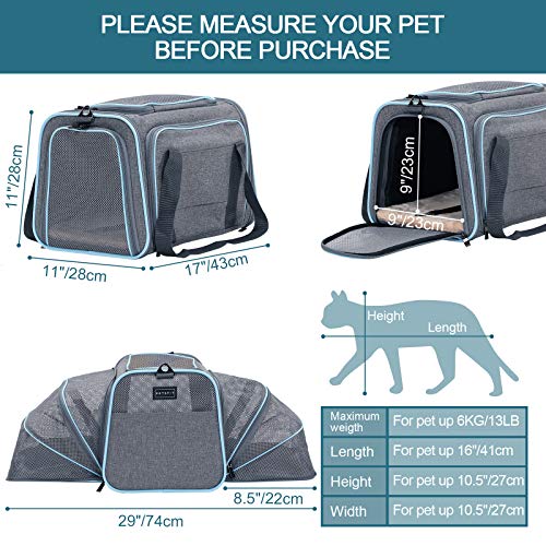 Petsfit Cat Carrier Expandable Dog Carrier for Medium Dogs, Expandable Pet Carrier Most Airline Approved, Two Side Expasion, Easy Carry on Luggage with Fleece Mat (Grey and Blue Trim) 18"x11"x11"