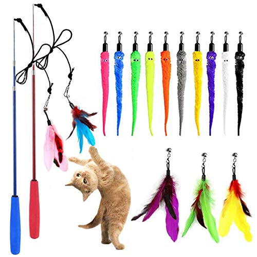 SUIYI Cat Feather Toys 17 Packs, Retractable Cat Wand Toys and Replacement Refills with Bells, Interactive Cat Toys for Cat Exercise