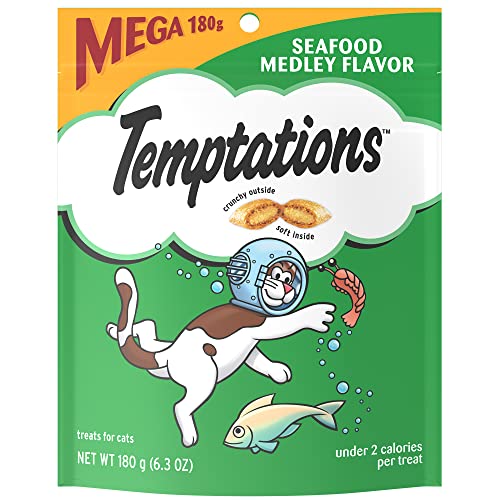 TEMPTATIONS Classic Crunchy and Soft Cat Treats Seafood Medley Flavor, 6.3 oz. Pouch