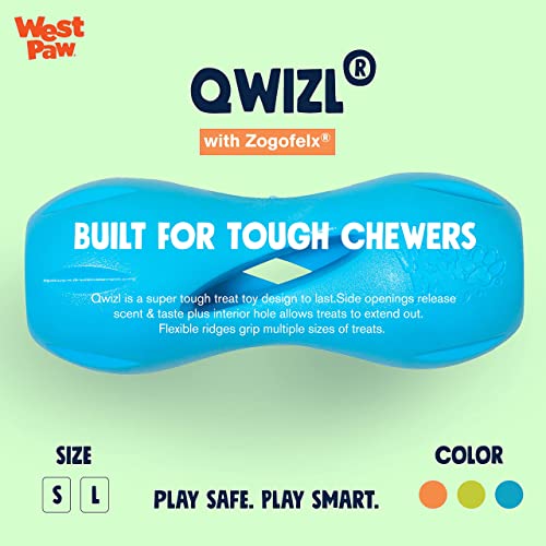 West Paw Zogoflex Qwizl Dog Puzzle Treat Toy  Interactive Chew Toy for Dogs  Dispenses Pet Treats  Brightly-Colored Dog Puzzles for Aggressive Chewers, Fetch, Catch, Non-Toxic, L, Aqua