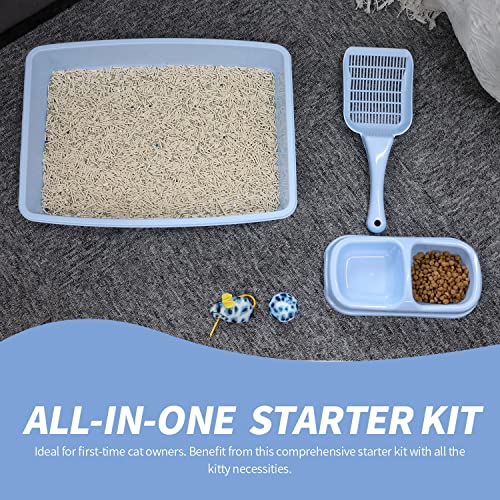 PAWISE Kitty Cat Starter Kit Includes 4-Pieces - Cat Litter Pan, Cat Litter Scooper, Cat Bowls, Cat Toy, 14.5x10.5 Inches, Blue