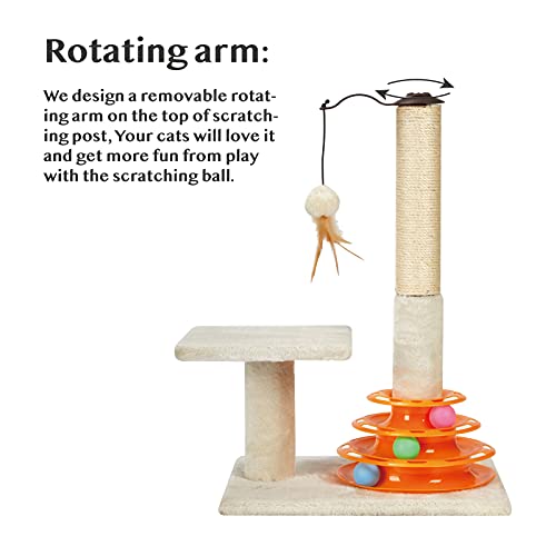 PEEKAB Tall Cat Scratching Post Kitten Sisal Scratcher Tree with Cat Tracks Toy Balls - 25 inches (Beige)